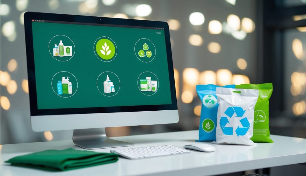 A computer screen displays various eco-friendly products with a green leaf logo. A package with recyclable materials sits beside it