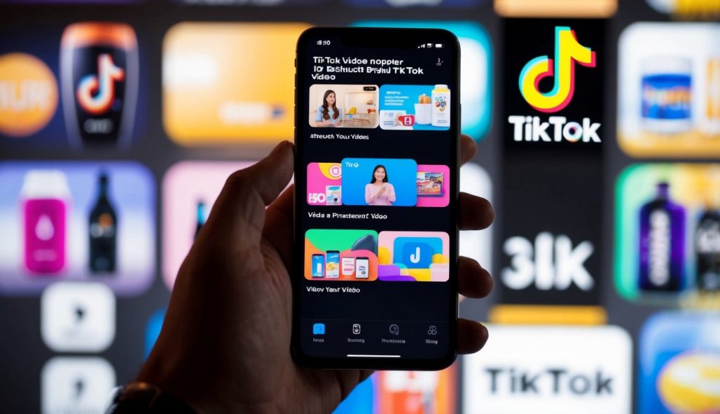 A smartphone displaying a popular TikTok video with various products and brands subtly featured in the background