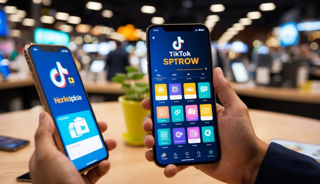 A bustling online marketplace with products and logos displayed on smartphones, while a TikTok video plays in the background