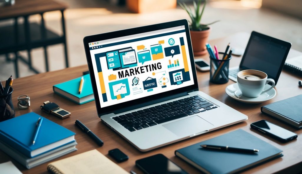 A laptop surrounded by various marketing-related items such as books, pens, and a cup of coffee on a desk