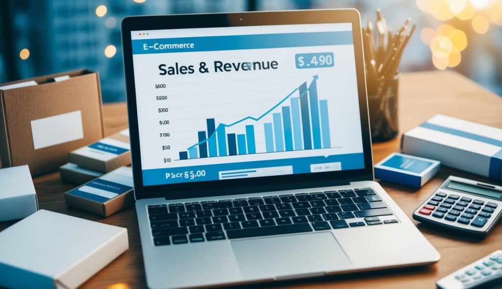 A laptop displaying a graph of sales and revenue, surrounded by various e-commerce product packages and a calculator