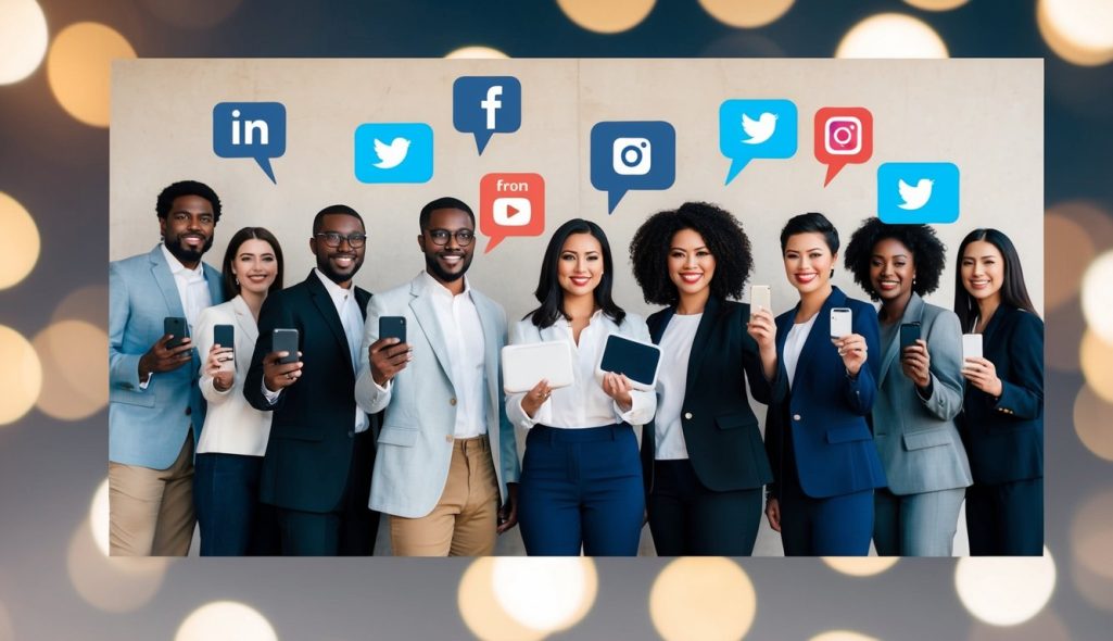 A group of diverse individuals holding various products and promoting them through social media platforms