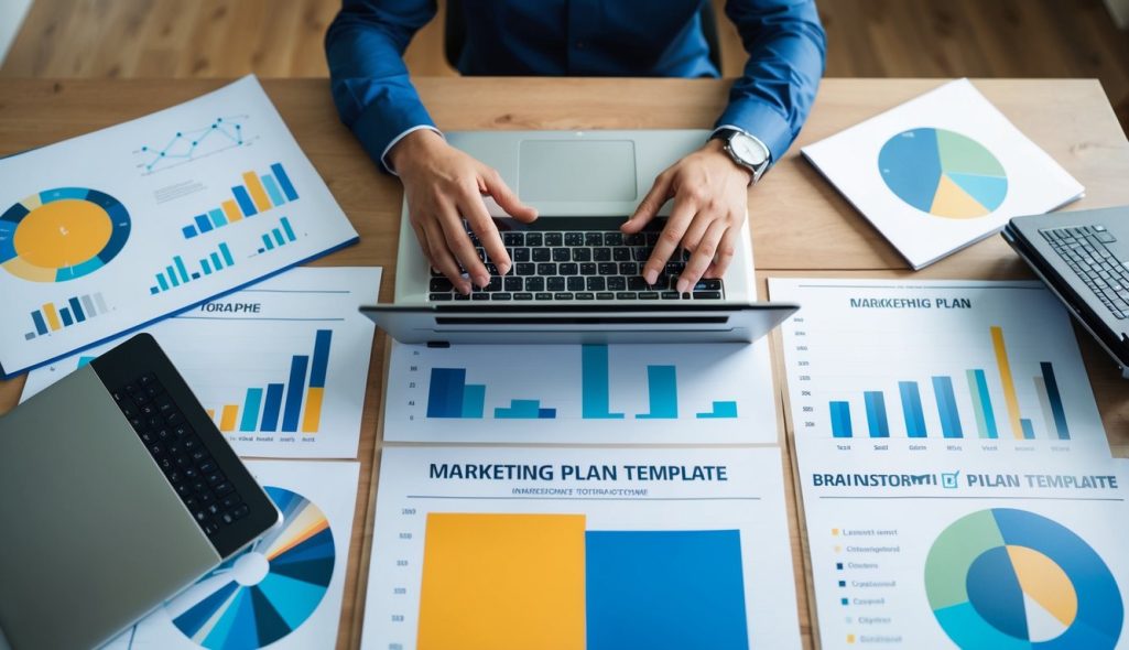 A person at a desk, surrounded by charts, graphs, and a laptop, brainstorming and organizing ideas for a marketing plan template