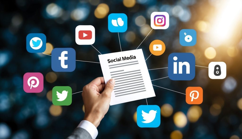 A hand holding a piece of paper, surrounded by various digital devices and icons representing different social media platforms