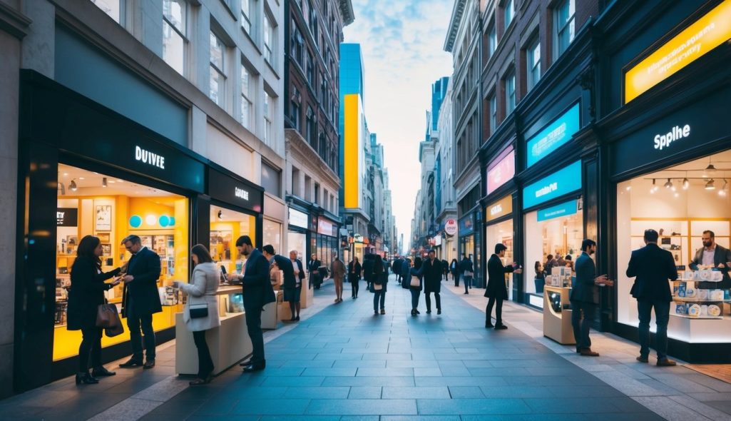 A bustling city street with various storefronts and people engaging with products or services. Bright, eye-catching displays and interactive elements