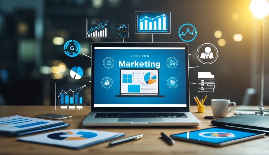 A laptop surrounded by various marketing tools and graphs, with a spotlight shining on it