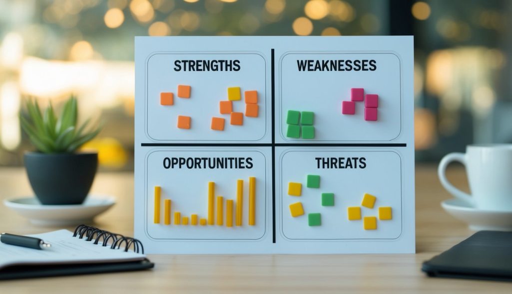 A table with four quadrants labeled "Strengths," "Weaknesses," "Opportunities," and "Threats" with relevant items in each section
