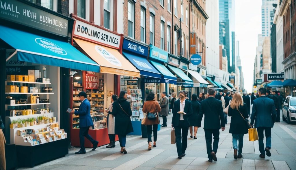 A bustling city street with various small businesses showcasing their products and services, while people walk by and interact with the different marketing strategies on display