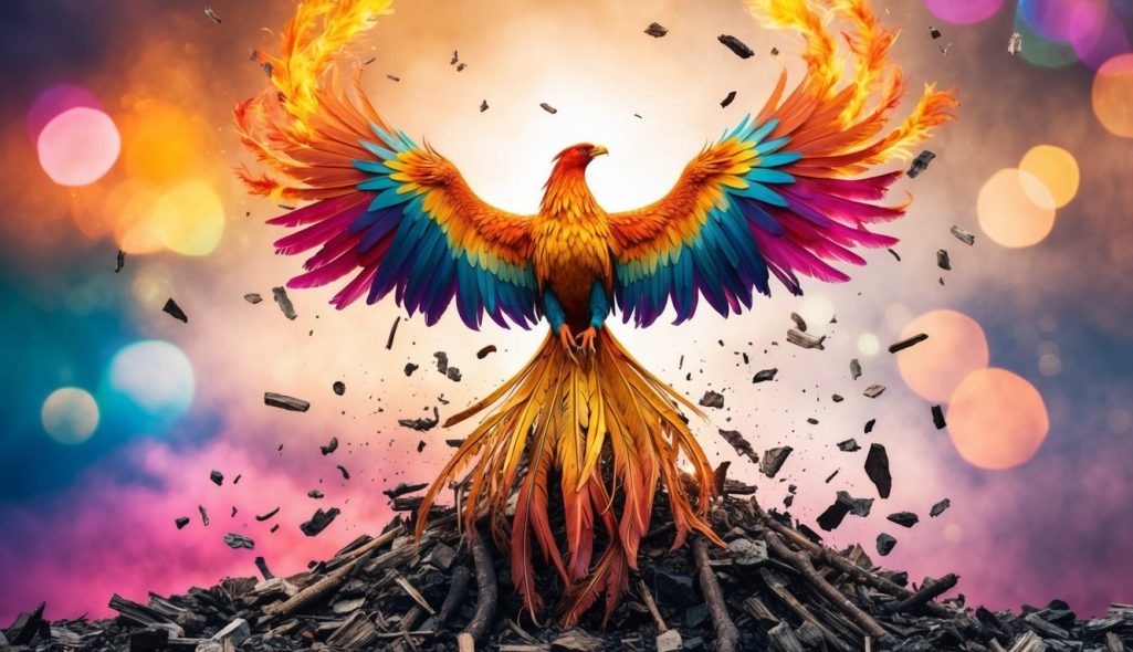 A vibrant phoenix rising from ashes, surrounded by vibrant colors and symbols of transformation and growth