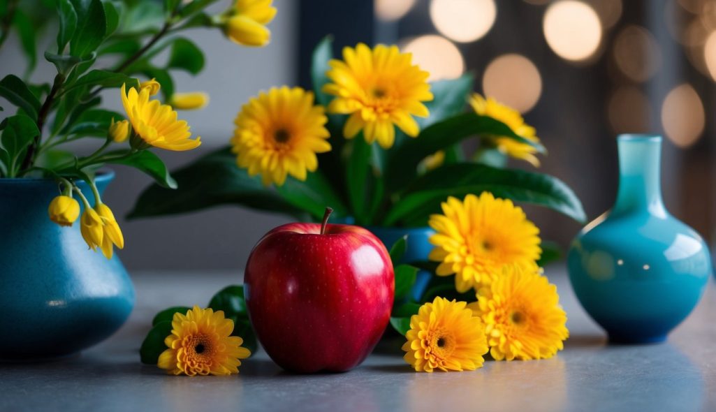 A bright red apple sits next to a calming blue vase, surrounded by vibrant yellow flowers and a deep green plant