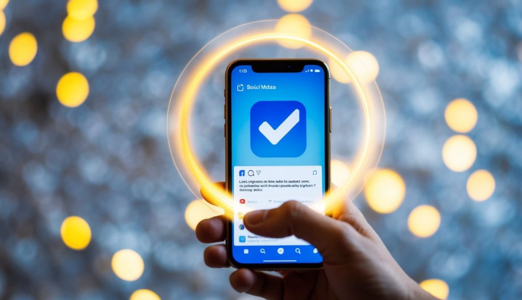 A smartphone with a checkmark badge on a social media app, surrounded by a glowing aura of approval