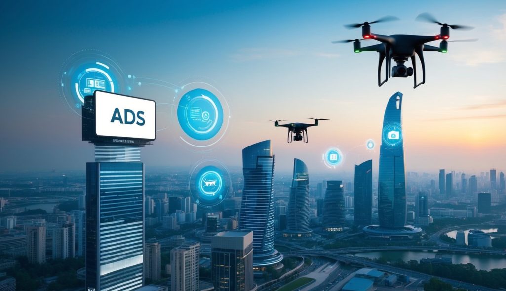 A futuristic cityscape with AI-powered billboards and drones delivering targeted ads to consumers
