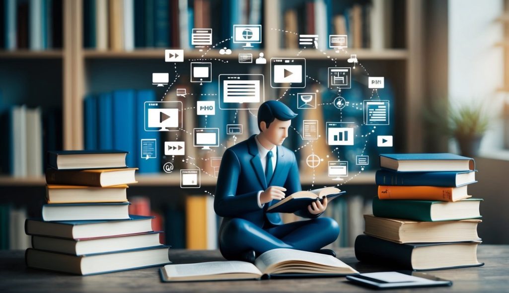 A figure surrounded by books and symbols of communication, weaving a narrative through various media platforms