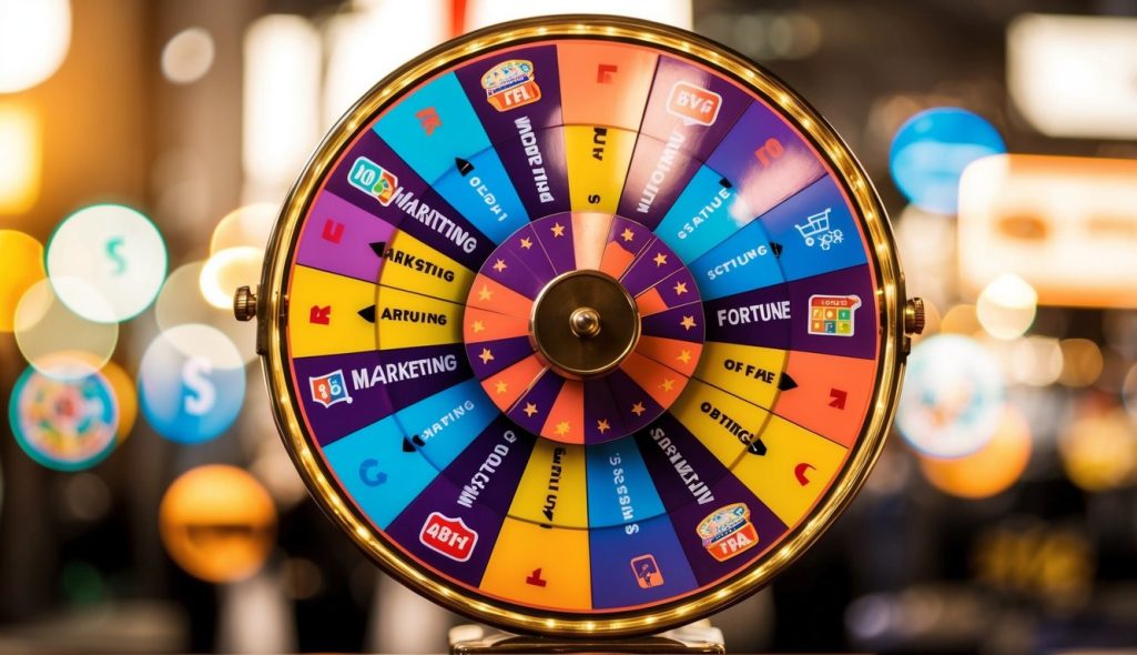 A colorful wheel of fortune spinning with various marketing symbols around it
