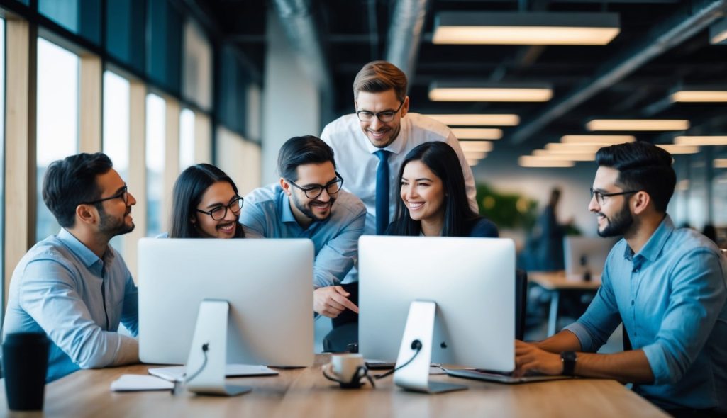 A group of people working at computers in a modern office, brainstorming and collaborating on social media marketing strategies