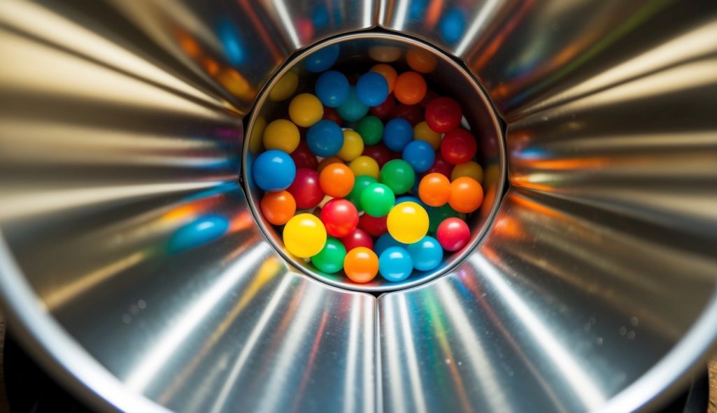 A wide funnel directs a stream of colorful objects into a narrow opening