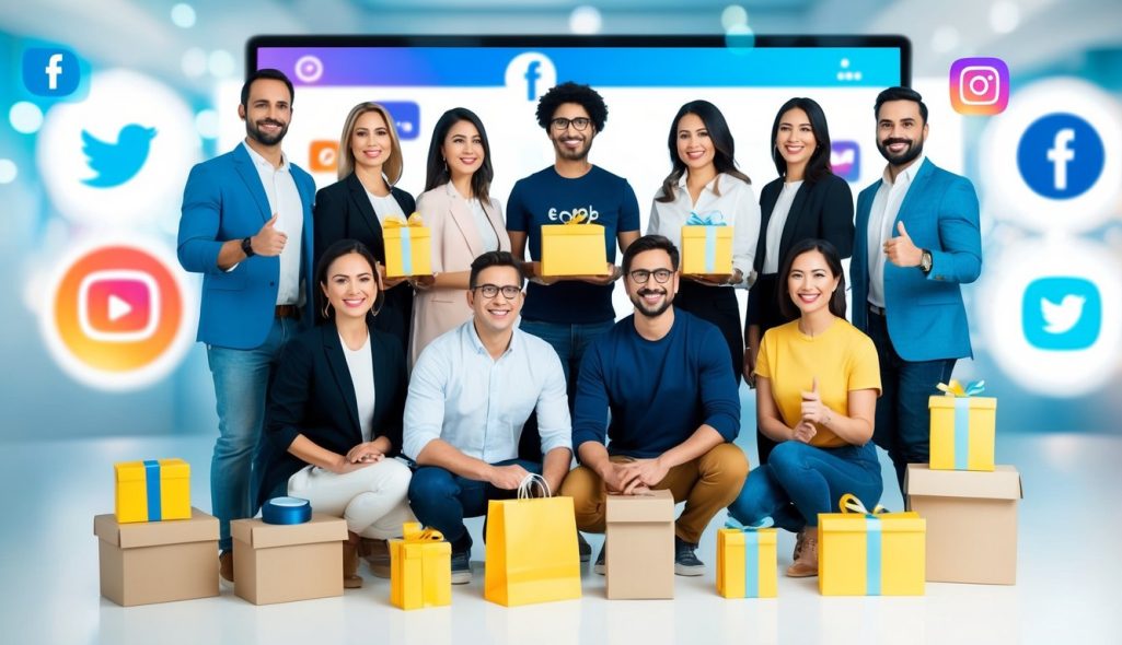 A group of influencers and e-commerce products arranged in a bright, modern setting with a backdrop of digital screens and social media icons