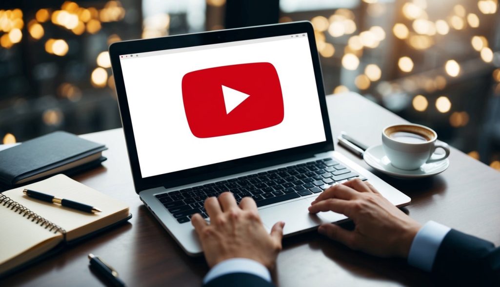 A laptop with a YouTube logo on the screen, surrounded by a notebook, pen, and a cup of coffee
